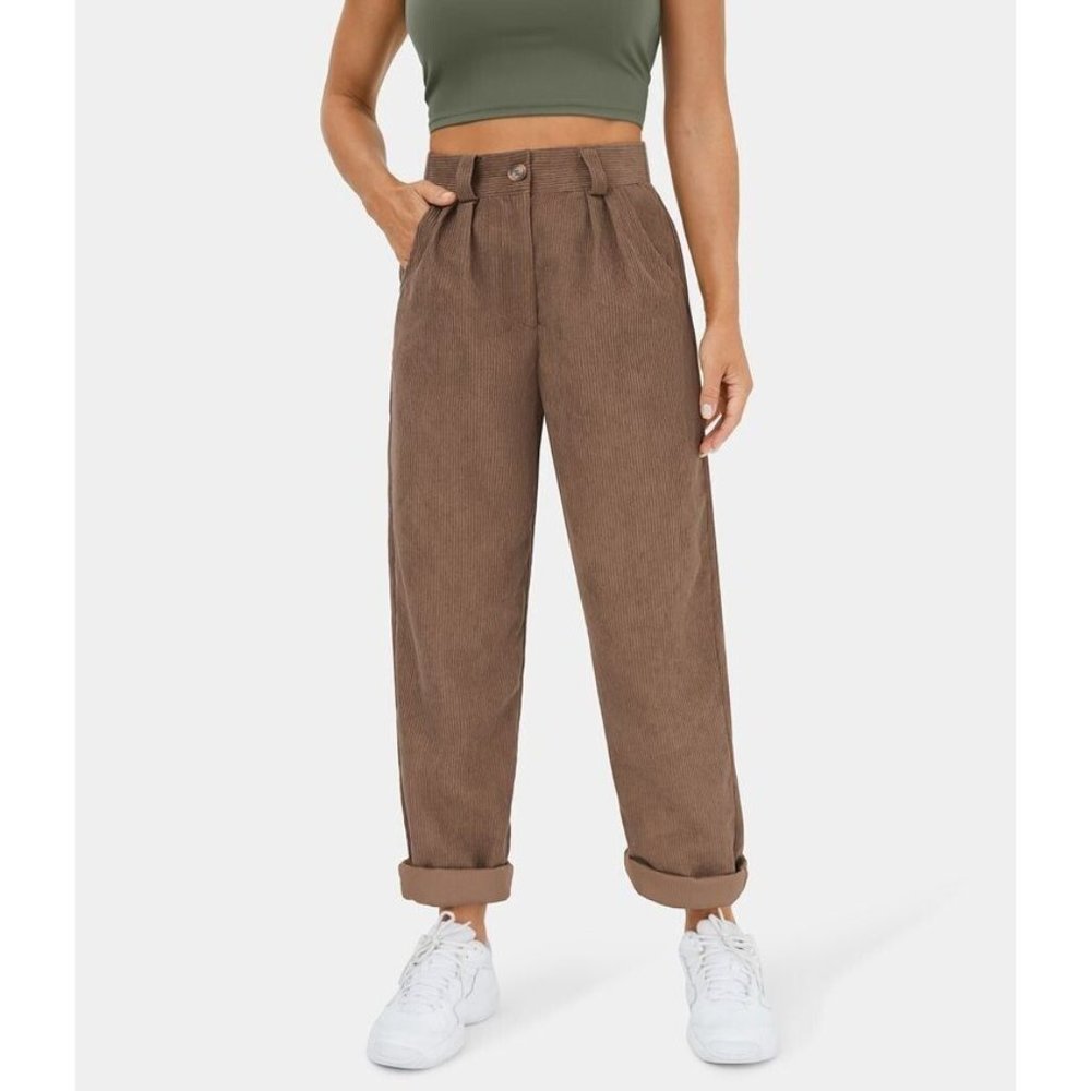 Halara Womens Corduroy Pant Sz M 8 10 Brown Straight Leg Pleated Front High Rise